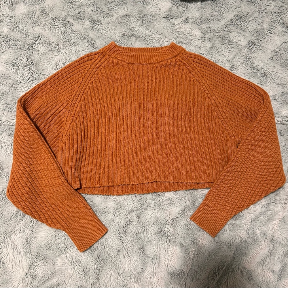 Orange Ribbed Knit Cropped Sweater